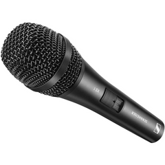 Sennheiser XS 1 dynamic microphone opposite angle, black grille and Sennheiser logo