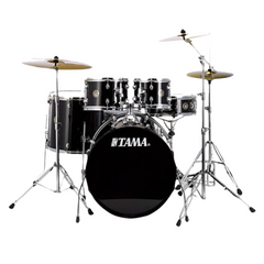 Tama Rhythm Mate five-piece drum kit in black, front view with cymbals and hardware