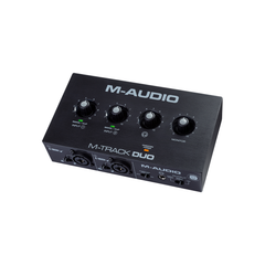 M-Audio M-Track Duo interface elevated angled view, monitor dial and output switches