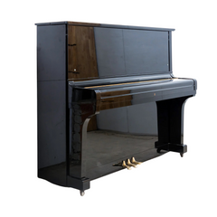 Kawai KU-3D upright piano angled side view, polished black gloss cabinet