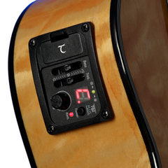 Tanglewood Tiare TWT26-E preamp panel close-up on rim, tuner display and tone sliders