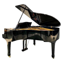 Yamaha G2E grand piano full side angled view, lid open, black polish with brass casters