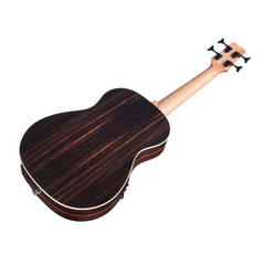 Cordoba Mini II Bass full back standing, dark striped ebony body with maple neck
