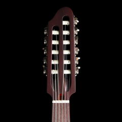 Godin MultiOud slotted headstock front, dark wood with twelve chrome tuners