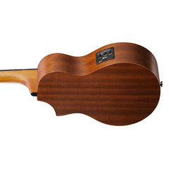 Ibanez UEWT5 tenor ukulele body back angled, mahogany with side preamp control panel