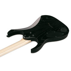 Ibanez RGR652AHBF body back close-up angled, weathered black ash grain with black hardware