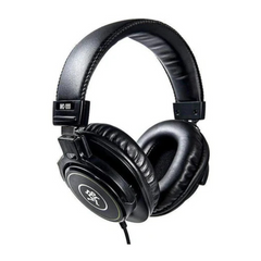 Mackie MC-100 studio headphones angled view, black with padded leatherette headband