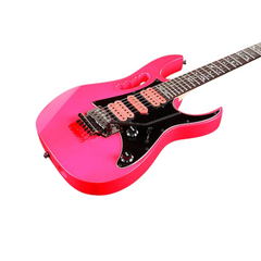 Ibanez JEMJR Steve Vai guitar body close-up, pink with black pickguard and monkey grip