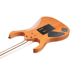 Ibanez RG5320-CSW body back close-up angled, natural mahogany with black cavity covers