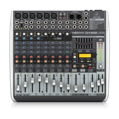 Behringer XENYX QX1222USB mixer top-down view, channel strips, faders and graphic EQ