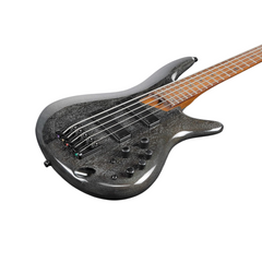 Ibanez SR505E five-string bass body close-up, dark charcoal grain with black hardware