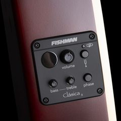 Fishman Clasica II preamp panel close-up on oud rim, volume, bass, treble and phase controls