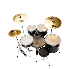Tama Rhythm Mate drum kit angled overhead view, black shells with Meinl BCS cymbals and throne
