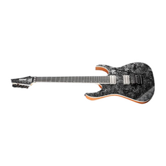 Ibanez RG5320-CSW guitar full side profile, cosmic shadow top with natural edge binding