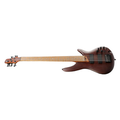 Ibanez SR505E five-string bass full side view, brown mahogany with roasted maple neck