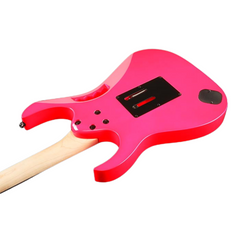 Ibanez JEMJR Steve Vai guitar body rear close-up, pink with tremolo cavity cover