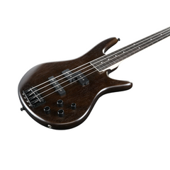Ibanez GSR200B bass guitar body close-up, walnut flat with black hardware and controls