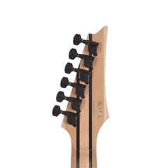 Ibanez RGR5220M headstock rear close-up, natural wood with black tuner backs