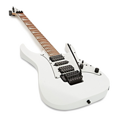 Ibanez RG350DXZ guitar low angled front view, white body with pearl pickguard