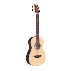 Cordoba Mini II Bass full front angled, natural spruce top with abalone rosette