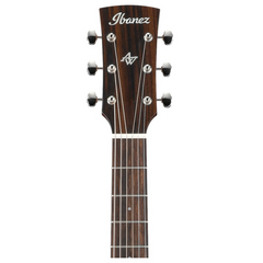 Ibanez AVD9-NT headstock front close-up, rosewood face with AW logo and chrome tuners