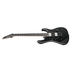 Ibanez RGR652AHBF guitar full side profile, weathered black with white pickups and black fretboard