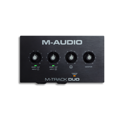 M-Audio M-Track Duo interface straight-on top view, all four control knobs visible