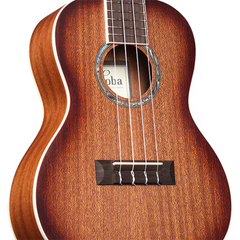 Cordoba 15CM-E ukulele body close-up on bridge, edge burst mahogany with abalone binding