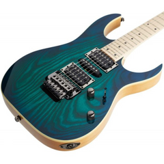 Ibanez RG370AHMZ body close-up, blue moon quilted top with black pickups and bridge