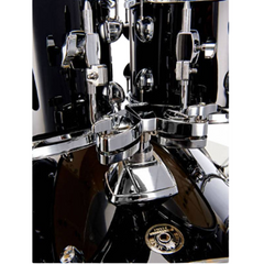Tama Rhythm Mate drum kit close-up, chrome double tom holder and lugs on black gloss shells