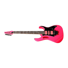Ibanez JEMJR Steve Vai guitar full front view, pink with monkey grip and vine inlays