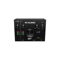 M-Audio AIR 192|4 audio interface straight-on front view, black panel with control knobs