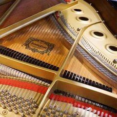 Yamaha G2E grand piano interior close-up, gold plate, strings and tuning pins