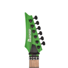 Ibanez RGR5220M headstock front close-up, fluorescent green with Prestige logo