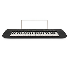 Casio CTK-240 keyboard front view with sheet music stand attached, black finish