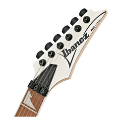 Ibanez RG350DXZ headstock front close-up, white with black tuners and RG series logo