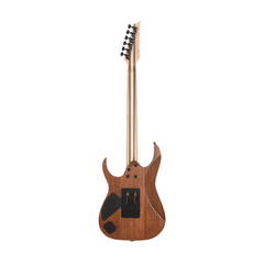 Ibanez RGR5220M guitar full back standing, natural mahogany finish with black hardware