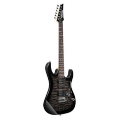Ibanez GRX70QA electric guitar front, black sunburst quilt with HSH pickups
