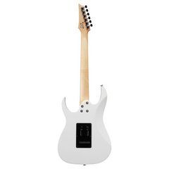 Ibanez GRG140 guitar full back standing, white gloss finish with maple neck