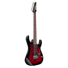Ibanez GRX70QA electric guitar front, red burst quilt top with HSH pickups
