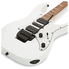Ibanez RG350DXZ body close-up, white gloss with pearl pickguard and HSH pickups