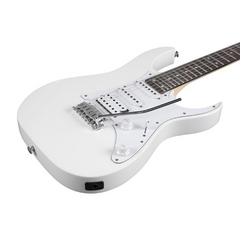 Ibanez GRG140 body close-up, white gloss with white pickguard and HSS pickups