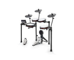 Alesis Nitro Max electronic drum kit front angle, white mesh pads, three cymbals and module