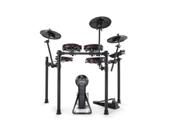 Alesis Nitro Max electronic kit rear view, cymbal undersides, black kick tower and module