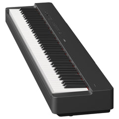 Yamaha P-225 slim black digital piano, top angled view of the 88 keys