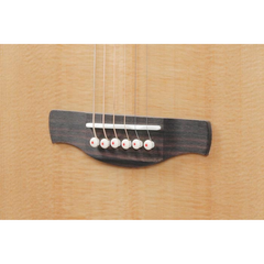 Ibanez bridge pins installed in guitar bridge, six ivory pins with red dots