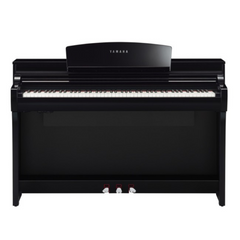 Yamaha CLP-725 Clavinova digital piano in polished ebony, front view with pedals