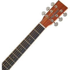 Tanglewood TUN3 headstock front close-up, mahogany with Tanglewood script logo