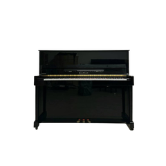 Kawai K-18 upright acoustic piano in polished ebony, front view with pedals