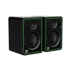 Mackie CR-X studio monitor speaker pair, black cabinets with green trim ring